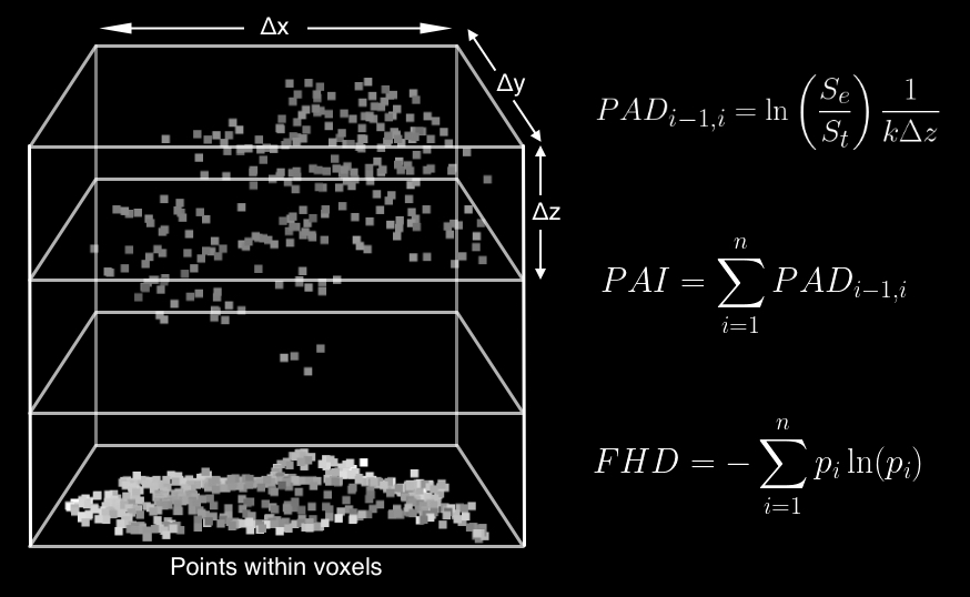 Forest structural metrics as calculated from points within voxels. Voxel resolution is given by Δx, Δy, Δz.